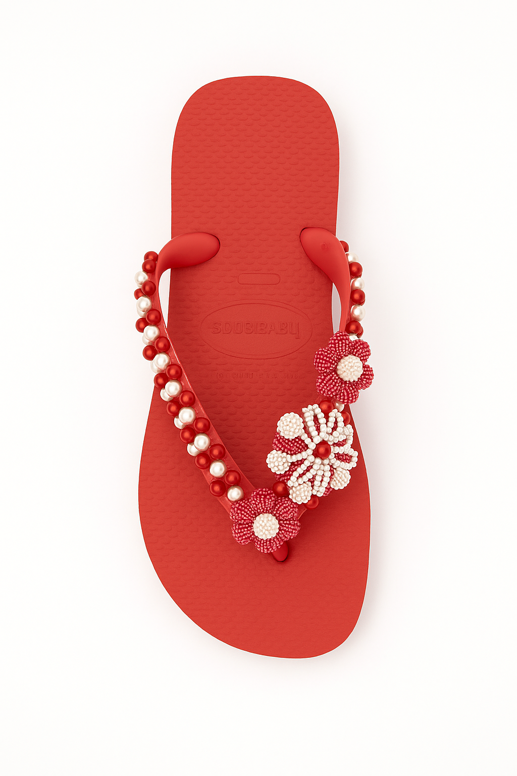 Havaianas Vermelha Bordada com Pérolas e Flores Artesanais