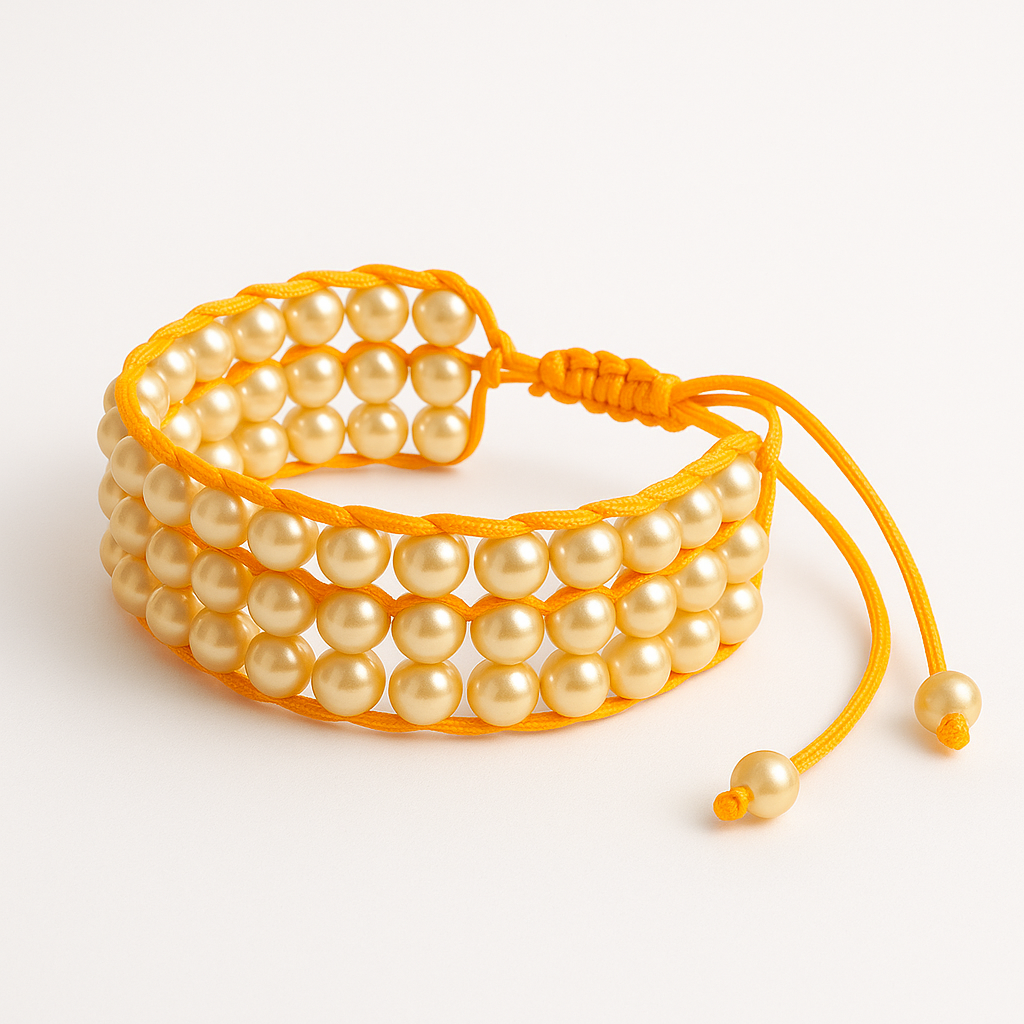 Pulseira artesanal com pérolas em tom dourado e cordão amarelo